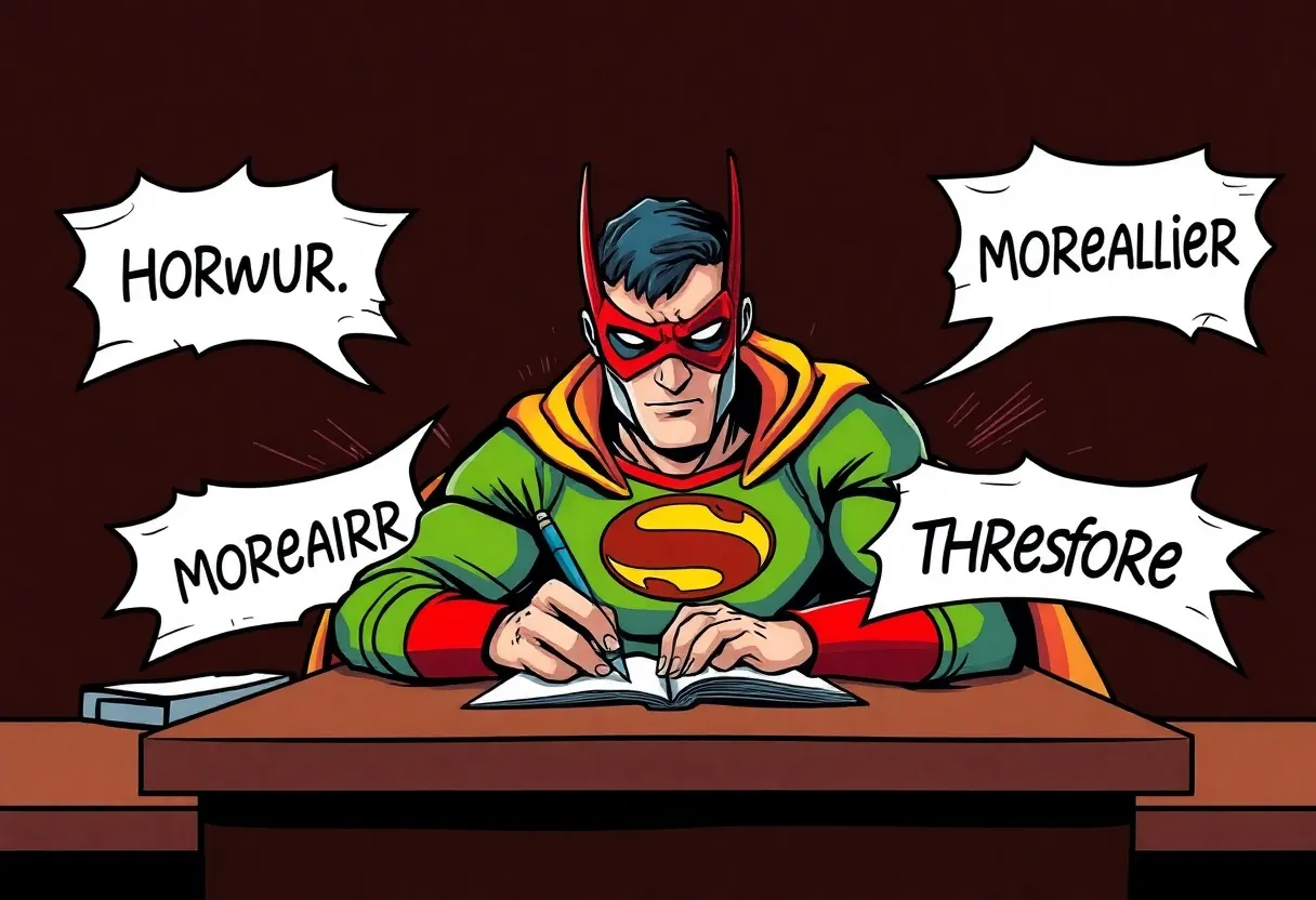 Professional writing workspace with transition words concepts illustrated