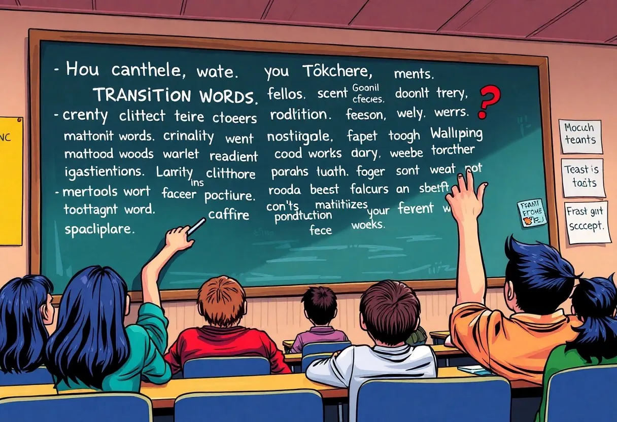 Visual guide showing common transition word mistakes and corrections in academic writing